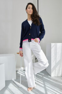 MIA FRATINO Label at Fetts Boutique Wahroonga 22144 Morgan Stripe Trim Cardi French Navy Hot Pink Foggy Feature 1