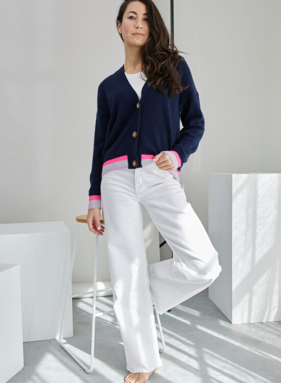 MIA FRATINO Label at Fetts Boutique Wahroonga 22144 Morgan Stripe Trim Cardi French Navy Hot Pink Foggy Feature 1